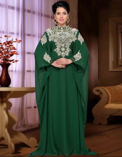 Stand Collar caftan with golden work green
