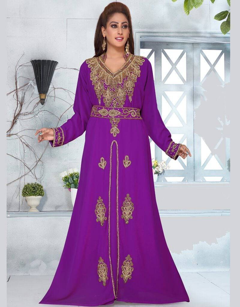 V Neck Style Heavy Embroidered Whole Sale Moroccan Kaftan Purple