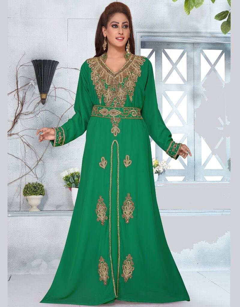 V Neck Style Heavy Embroidered Whole Sale Moroccan Kaftan Green