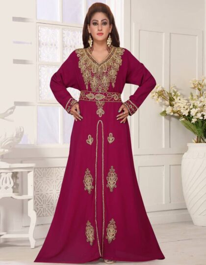V Neck Style Heavy Embroidered Whole Sale Moroccan Kaftan Wine