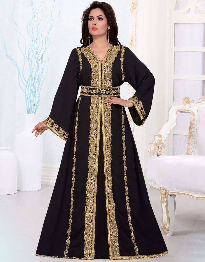 Black and Gold Heavy Embroidered Wholesale Moroccan Kaftan