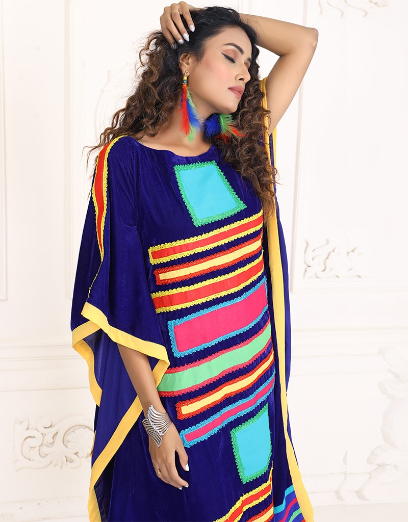Islamic Dark Indigo Wholesale Velvet Maxi dress Style Kaftan Closeup