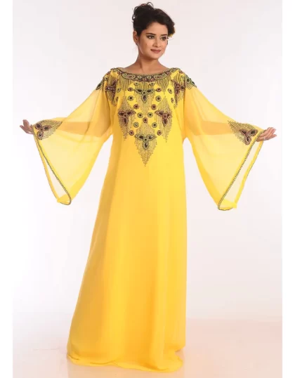 Dubai Yellow Georgette Hand Zari Embroidery Galabiya
