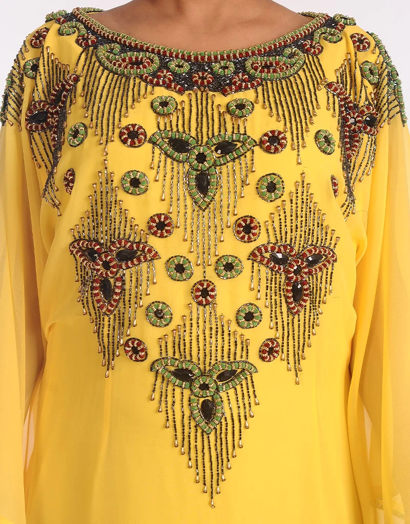 Dubai Yellow Georgette Hand Zari Embroidery Galabiya Closeup