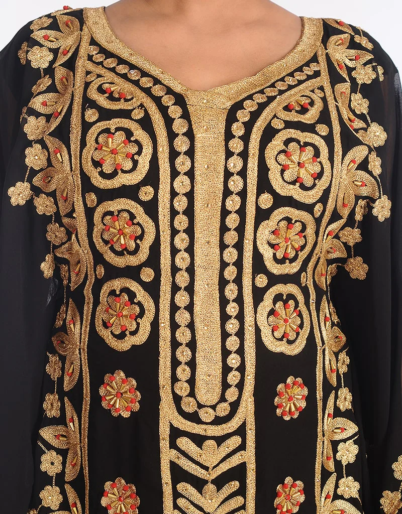 Muslim Black Georgette Hand Zari Embroidery Farasha CloseUp