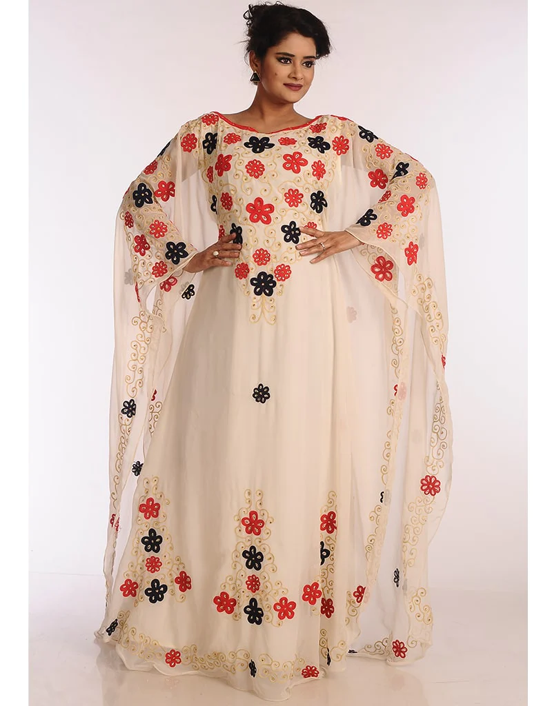 Modest Off White Georgette Hand Zari Embroidery Farasha