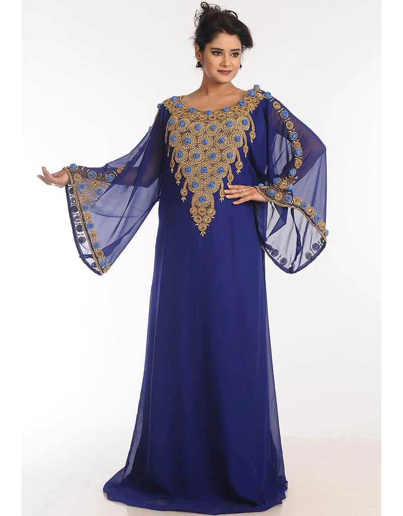 Islamic Blue Georgette Hand Zari Embroidery Galabiya