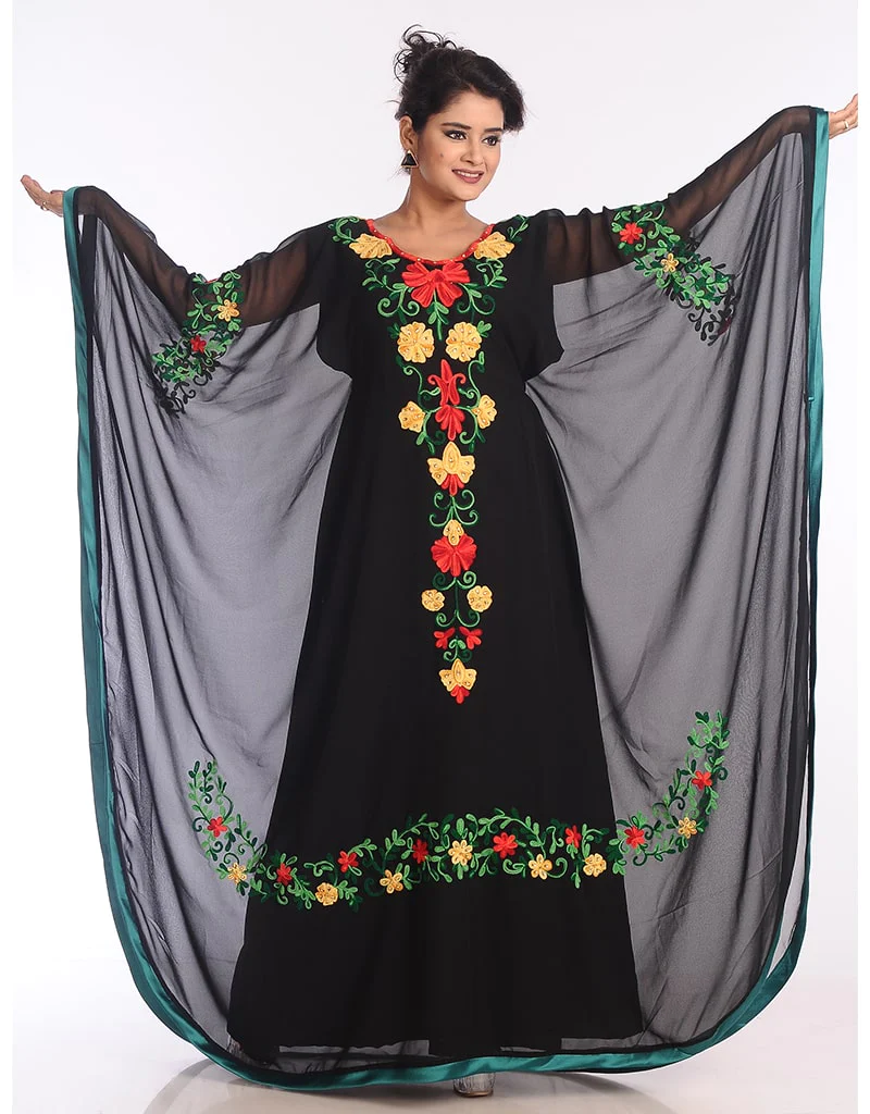 Arabic Black Georgette Hand Zari Embroidery Farasha