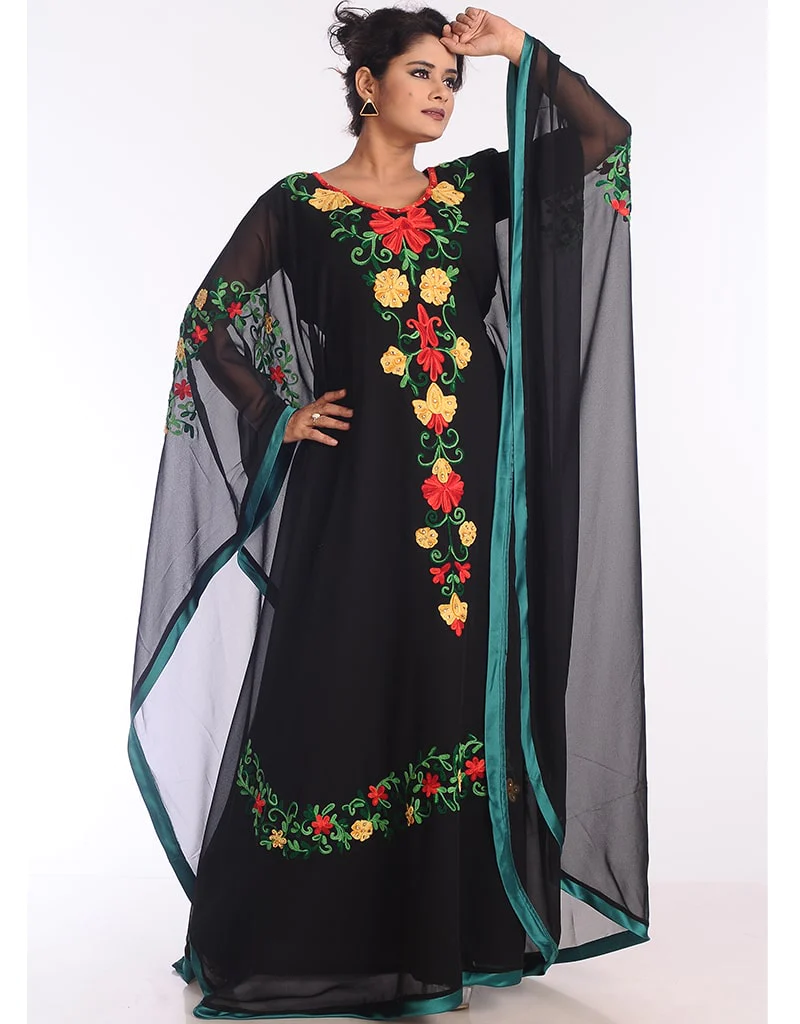Arabic Black Georgette Hand Zari Embroidery Farasha SideView