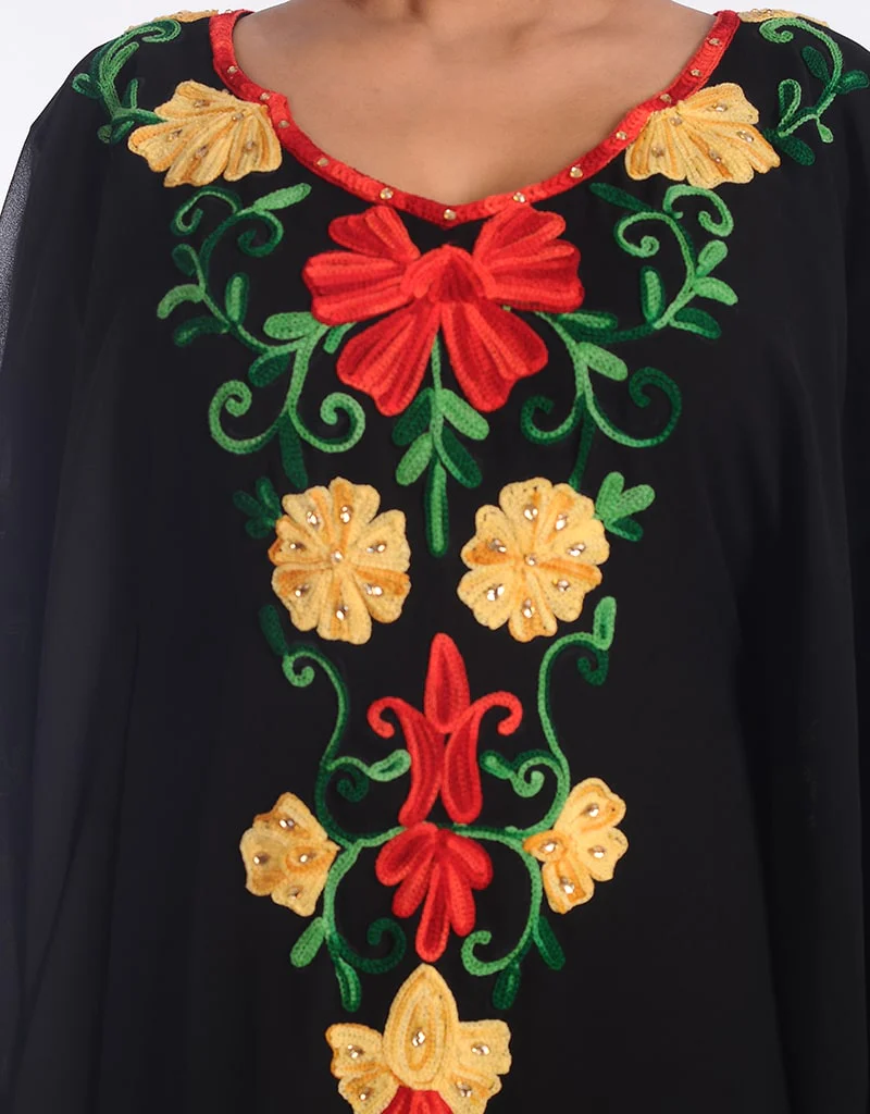 Arabic Black Georgette Hand Zari Embroidery Farasha Closeup