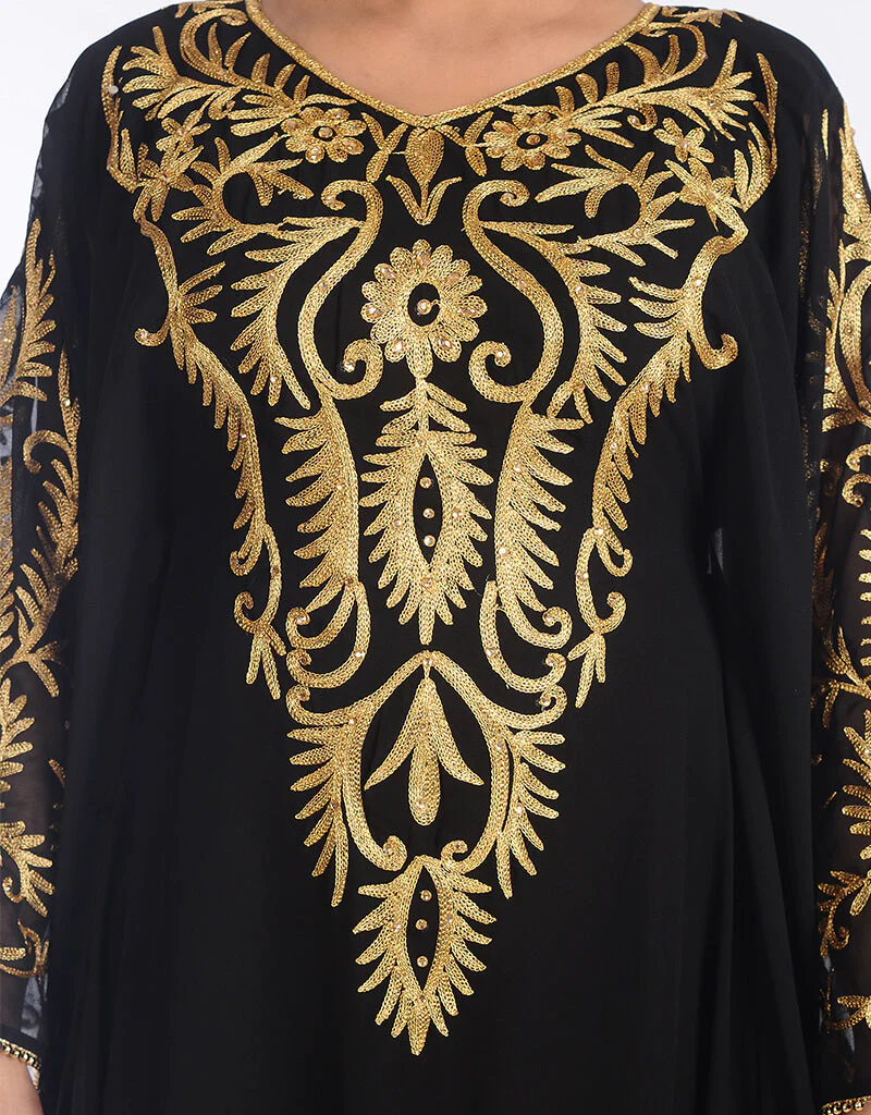 Modest Black Georgette Hand Zari Embroidery Wholsale Farasha Closeup